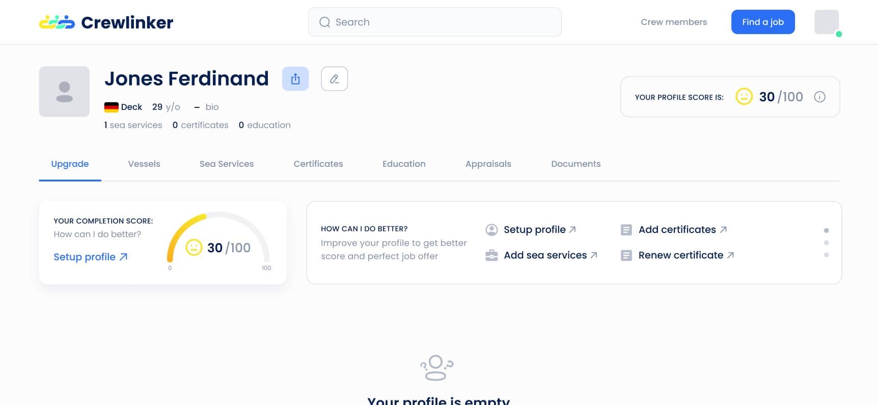 Empty profile on Crewlinker