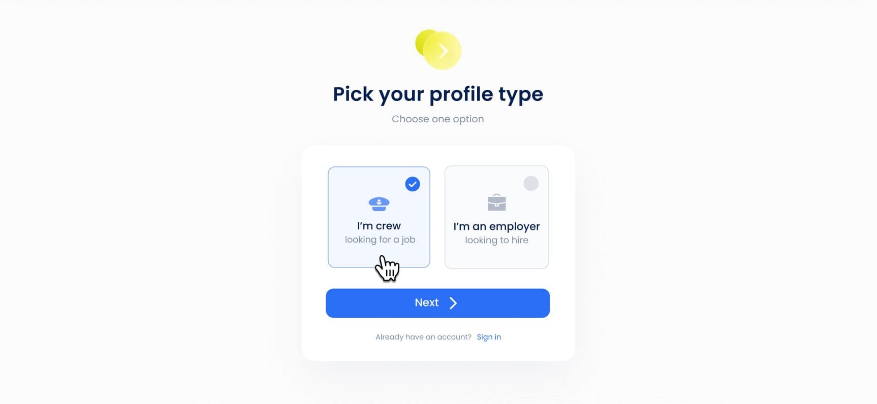 Profile type selection during Crewlinker registration